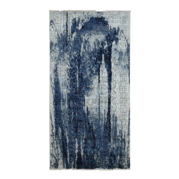 4'x8' Shades of Blue with Gray, Shibori Design, Tone On Tone, Wool and Silk, Hand Knotted, Gallery Size Oriental Rug HR87677