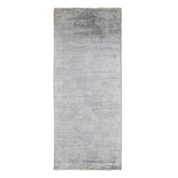 4'x9'8" Coin Gray, Broken and Erased Persian Design, Wide Runner, Wool and Silk, Hand Knotted Oriental Rug HR87679