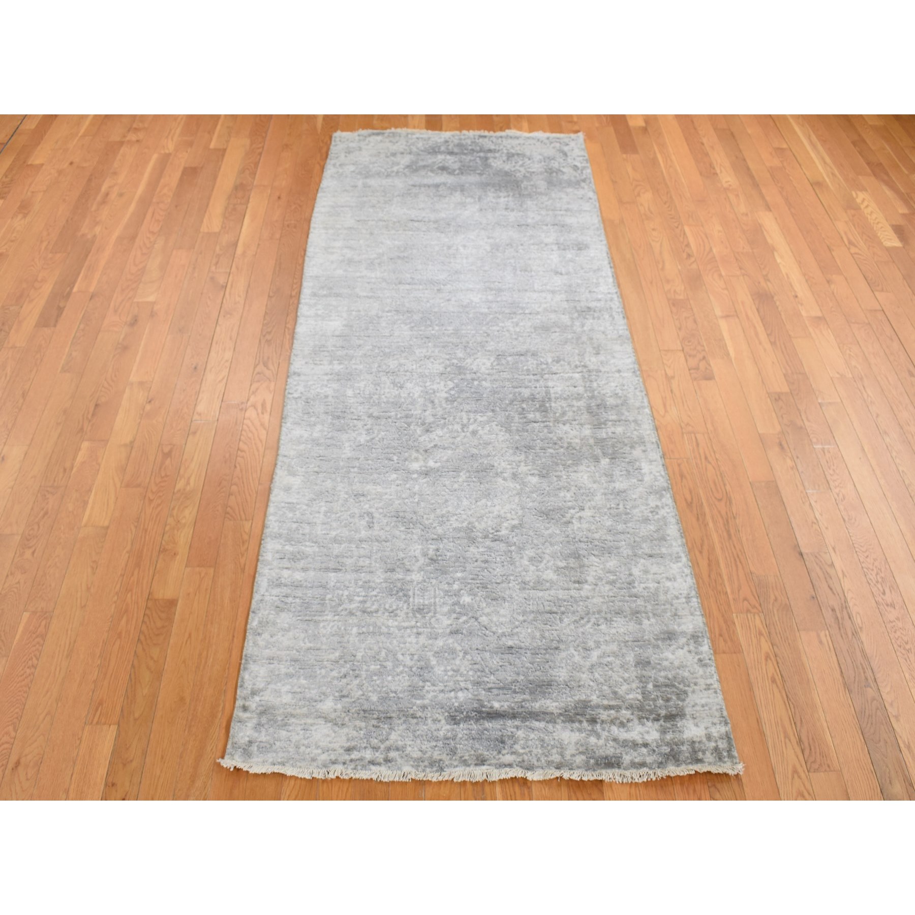 4'x9'8" Coin Gray, Broken and Erased Persian Design, Wide Runner, Wool and Silk, Hand Knotted Oriental Rug HR87679 - Image 2