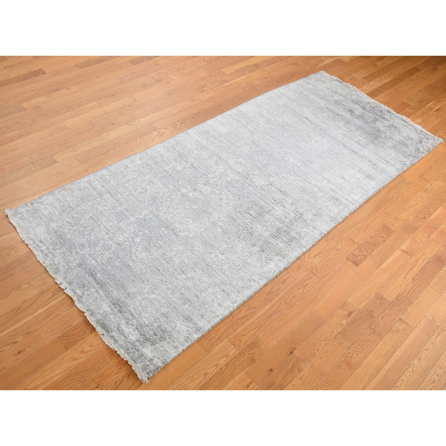 4'x9'8" Coin Gray, Broken and Erased Persian Design, Wide Runner, Wool and Silk, Hand Knotted Oriental Rug HR87679 - Image 3