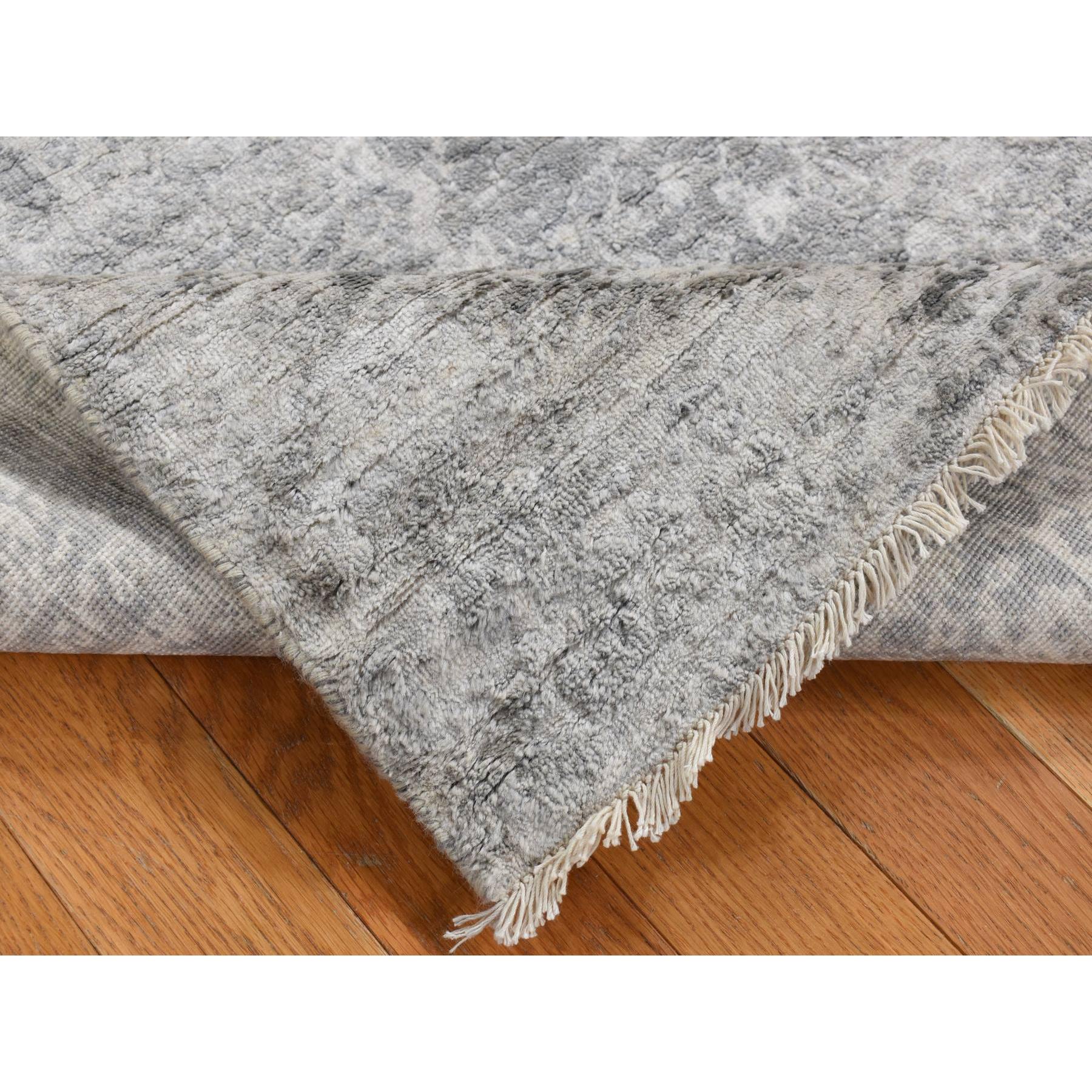 4'x9'8" Coin Gray, Broken and Erased Persian Design, Wide Runner, Wool and Silk, Hand Knotted Oriental Rug HR87679 - Image 5