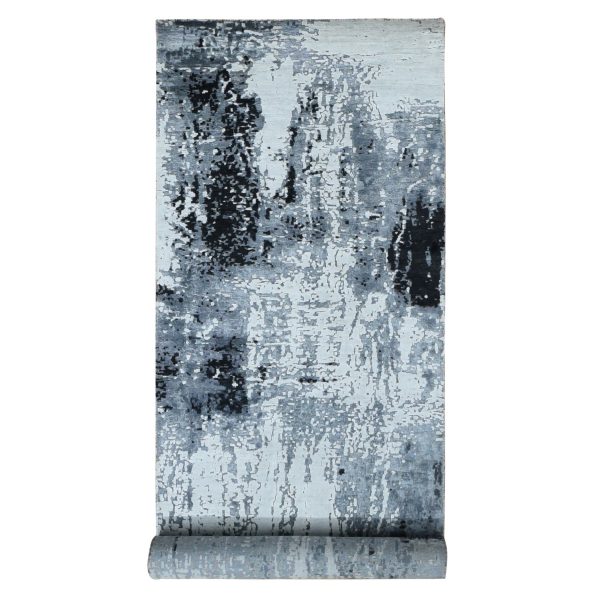 4'2"x13'1" Gray with Black, Abstract Design, Wool and Silk, Hand Knotted, Wide Runner, Oriental Rug HR87680