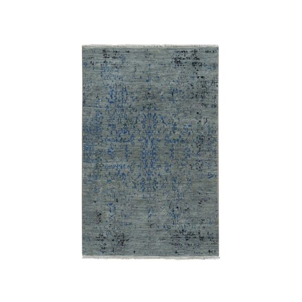 3'1"x5' Fossil Gray, Wool and Silk, Broken Design, Tone on Tone, Hand Knotted, Oriental Rug HR87682
