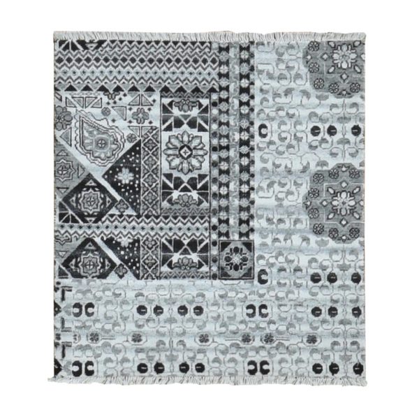 2'8"x3' Cloud Gray, Sampler Mamluk Design, Pure Wool, Hand Knotted Oriental Rug HR87686