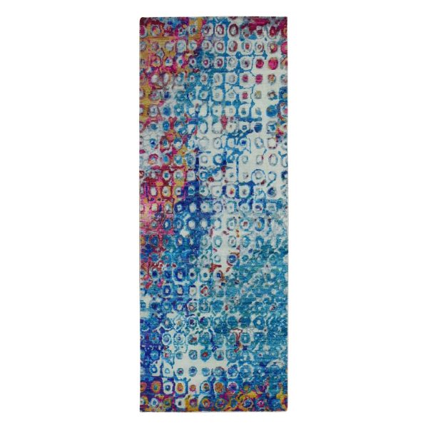 3'x8'2" Admiral Blue, THE PEACOCK, Sari Silk, Colorful, Hand Knotted, Wide Runner, Oriental Rug HR87689