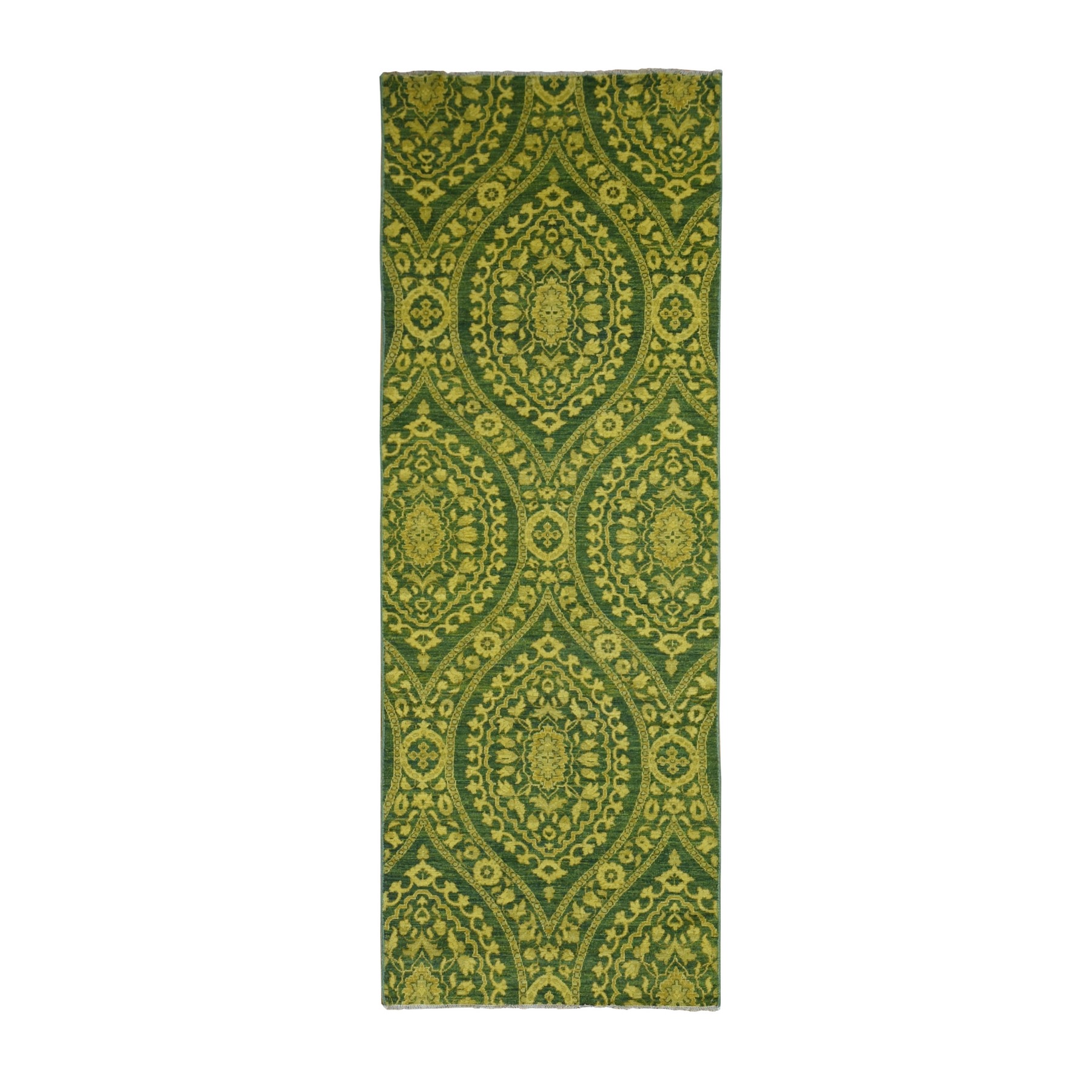 4'1"x11'8" Green Overdyed, Mughal Design, Tone on Tone, Peshawar Hand Knotted, Pure Wool, Wide Runner Oriental Rug HR87693