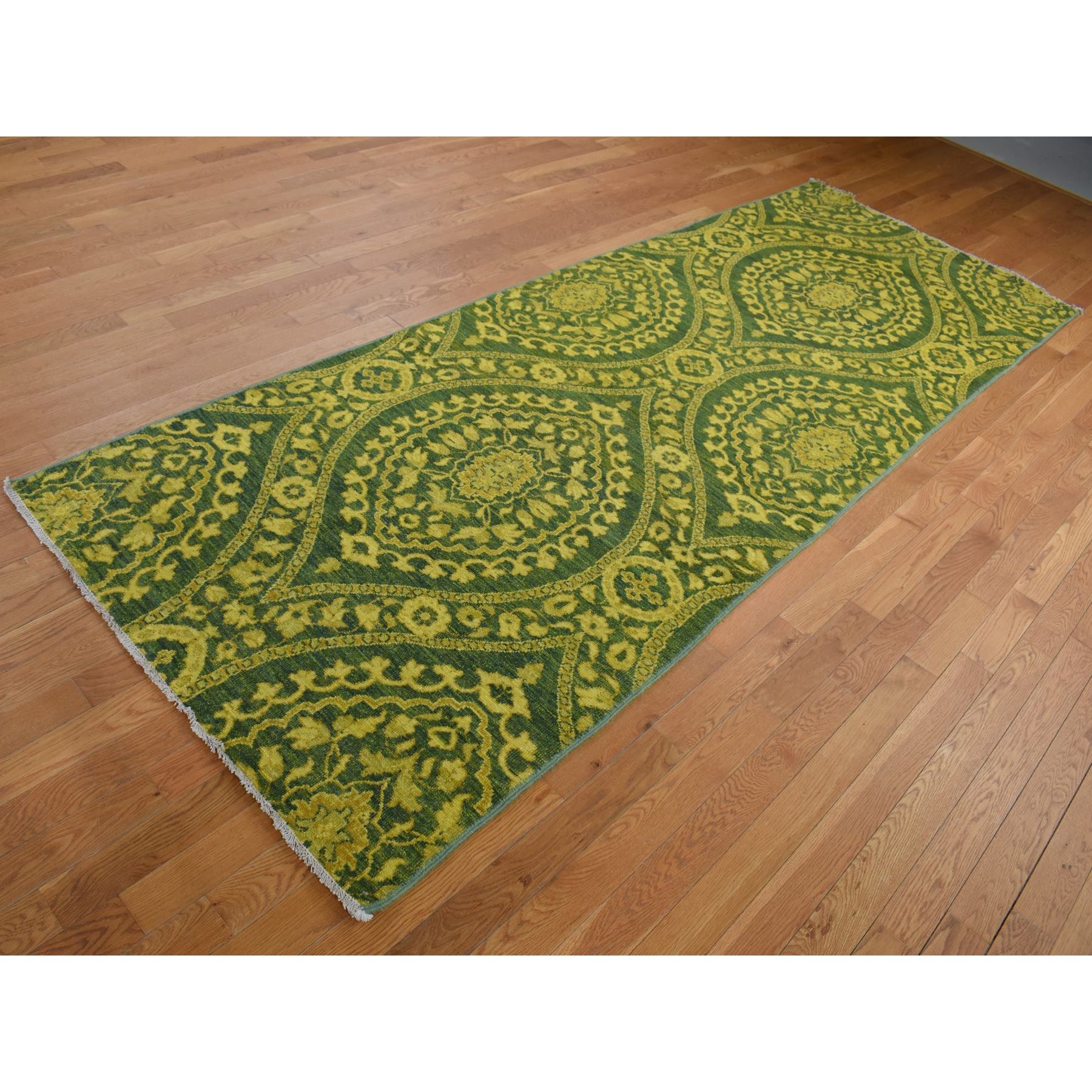 4'1"x11'8" Green Overdyed, Mughal Design, Tone on Tone, Peshawar Hand Knotted, Pure Wool, Wide Runner Oriental Rug HR87693 - Image 3