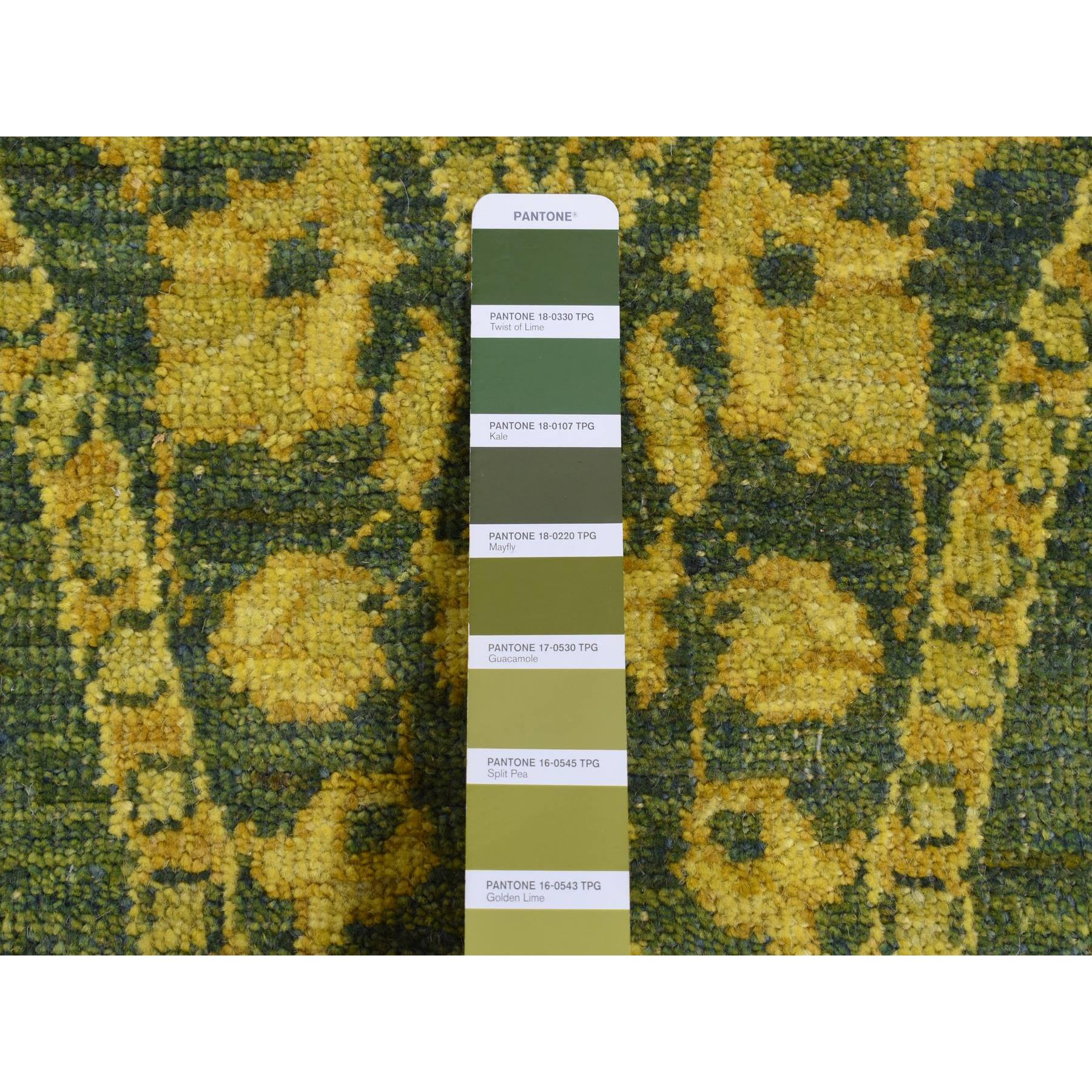 4'1"x11'8" Green Overdyed, Mughal Design, Tone on Tone, Peshawar Hand Knotted, Pure Wool, Wide Runner Oriental Rug HR87693 - Image 6