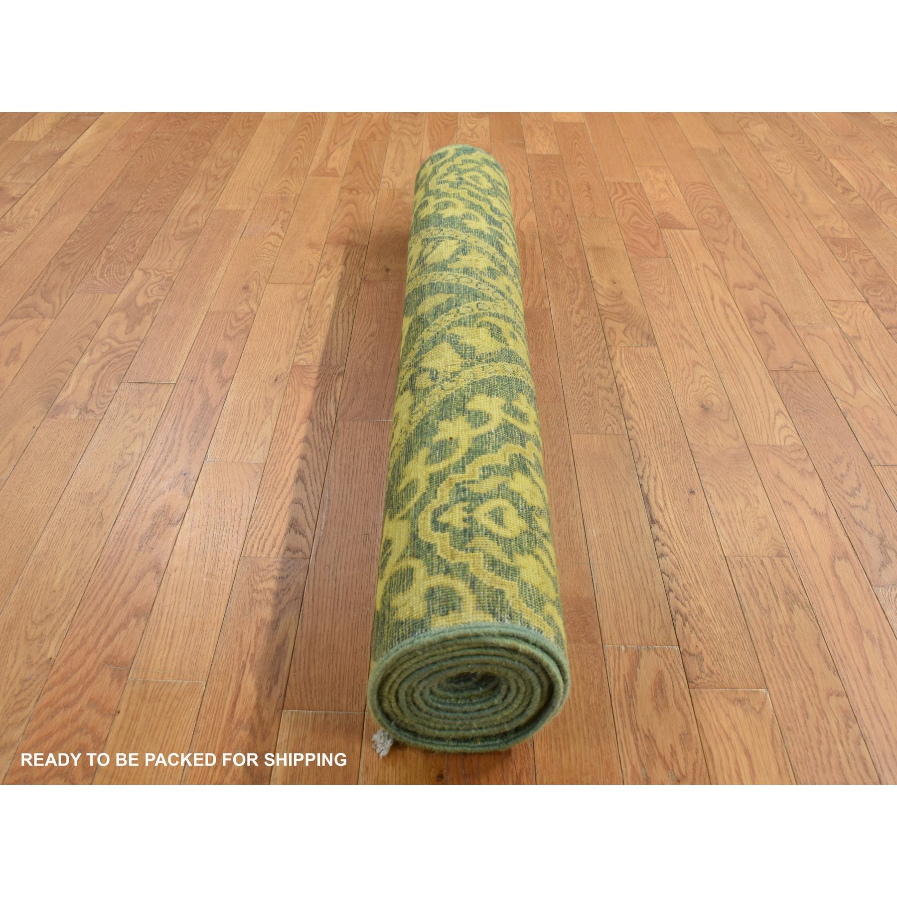 4'1"x11'8" Green Overdyed, Mughal Design, Tone on Tone, Peshawar Hand Knotted, Pure Wool, Wide Runner Oriental Rug HR87693 - Image 8