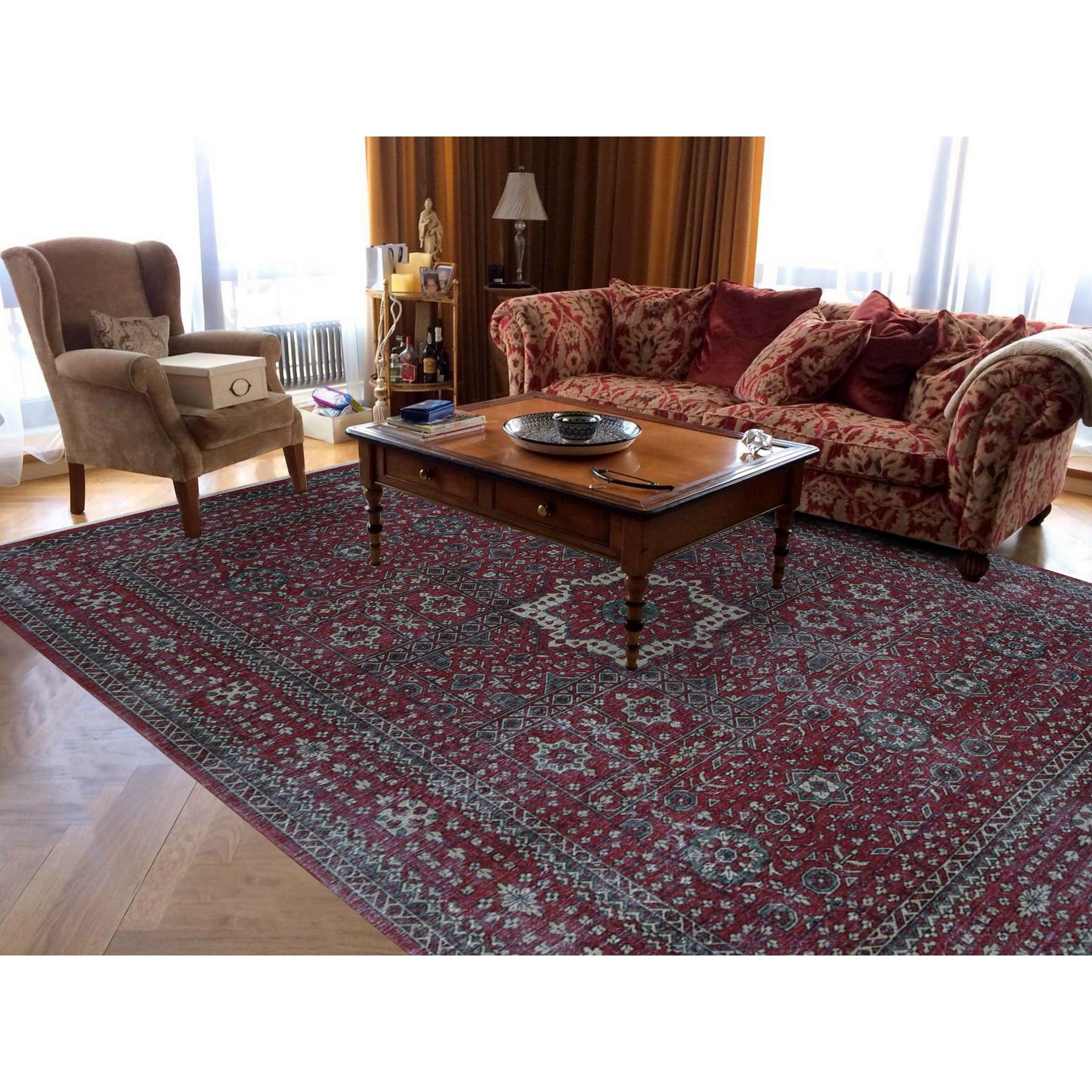 9'x12' Maroon Red, Vintage Look Mamluk, Distressed, Zero Pile Shaved Low, Worn Wool Hand Knotted, Oriental Rug HR87700 - Image 2