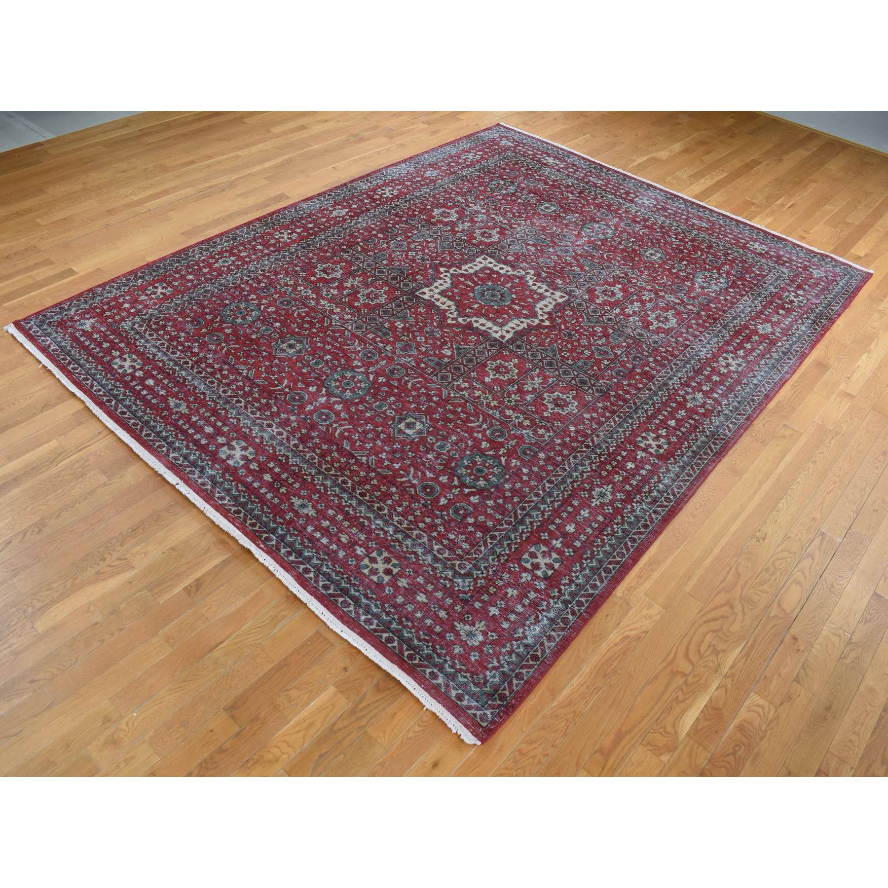 9'x12' Maroon Red, Vintage Look Mamluk, Distressed, Zero Pile Shaved Low, Worn Wool Hand Knotted, Oriental Rug HR87700 - Image 4