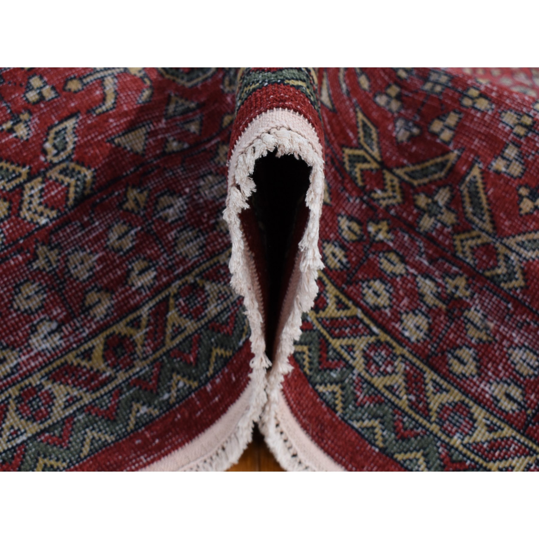 9'x12' Maroon Red, Vintage Look Mamluk, Distressed, Zero Pile Shaved Low, Worn Wool Hand Knotted, Oriental Rug HR87700 - Image 7