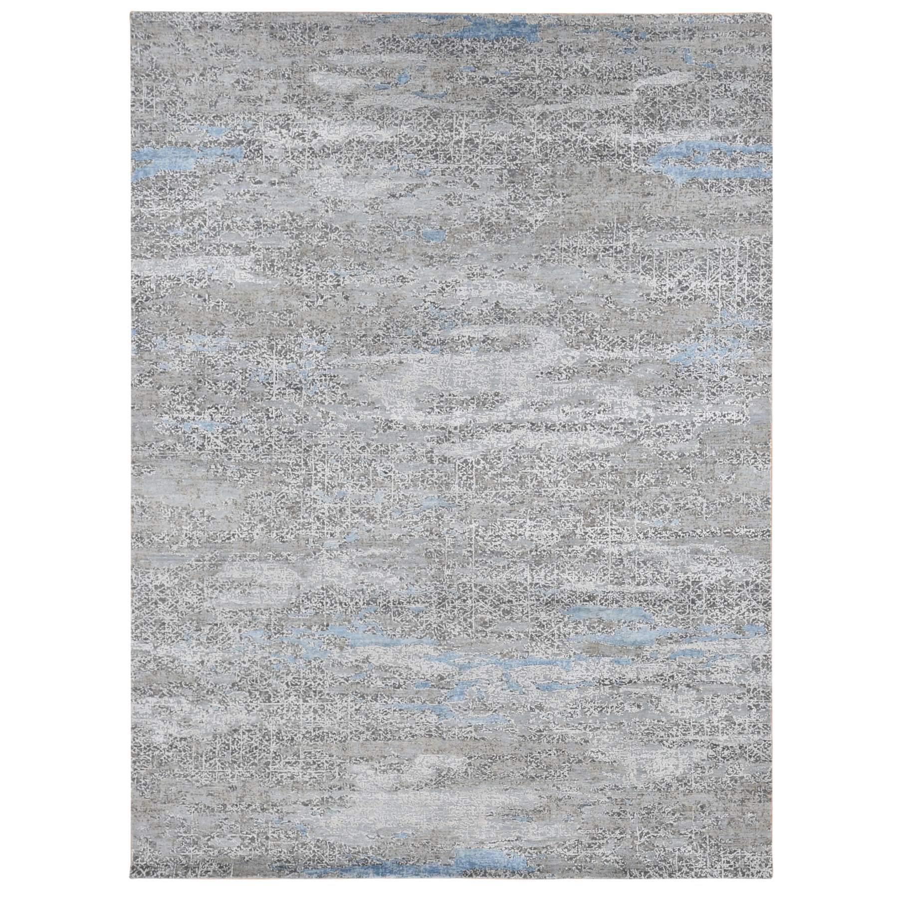 9'x12'3" Cadet Gray, Wool with Real Silk, Broken and Erased Intricate Contemporary Design, Hand Knotted, Oriental Rug HR87703