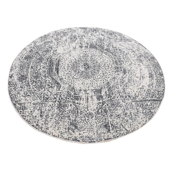 6'x6' Ivory with Mix of Gray, Hand Loomed with Mamluk Design, Tone on Tone, Pure Wool, Round Oriental Rug HR87714