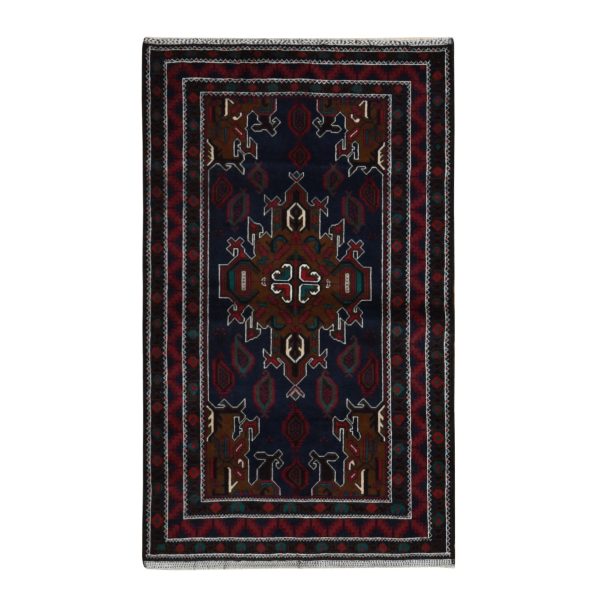 3'10"x6'9" Yankees Blue, Afghan Baluch, Open Field Medallion Design, Pure Wool, Hand Knotted, Oriental Rug HR87735