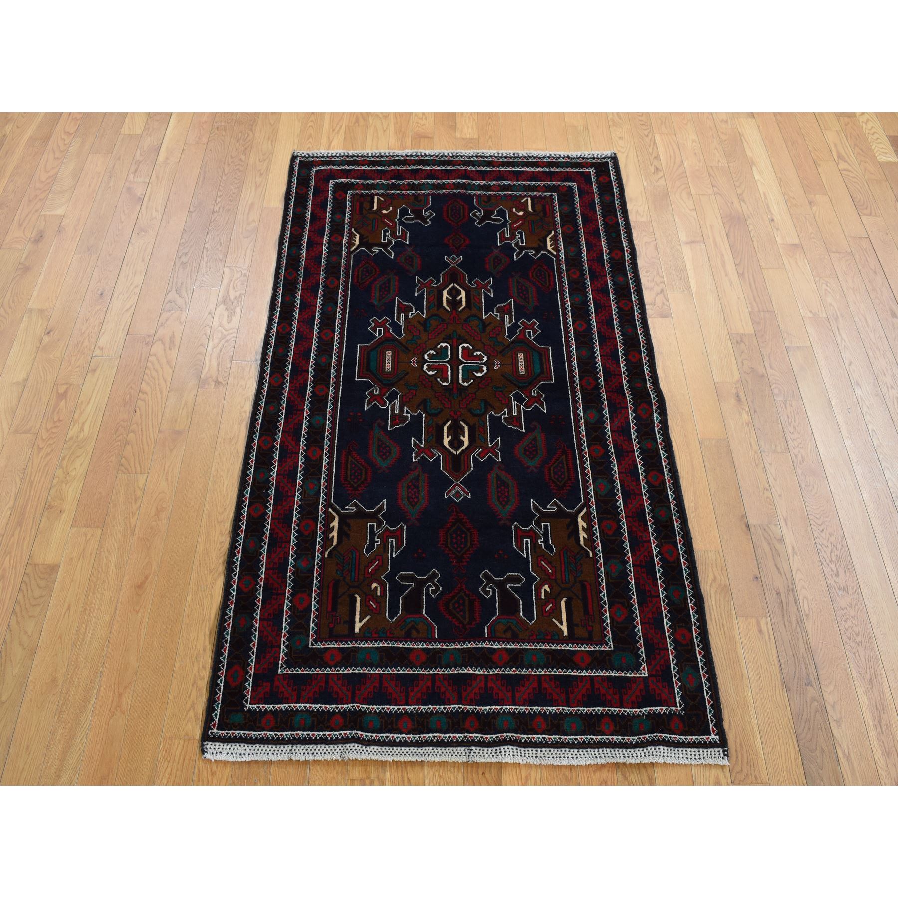 3'10"x6'9" Yankees Blue, Afghan Baluch, Open Field Medallion Design, Pure Wool, Hand Knotted, Oriental Rug HR87735 - Image 2