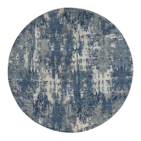 8'1"x8'1" Space Cadet Blue, Abstract Design, Wool and Pure Silk, Hand Knotted, Round Oriental Rug HR87736