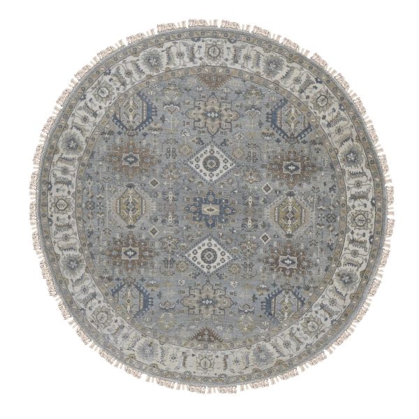 8'1"x8'1" Old Silver Gray, Karajeh Design, Pure Wool, Hand Knotted, Round Oriental Rug HR87737