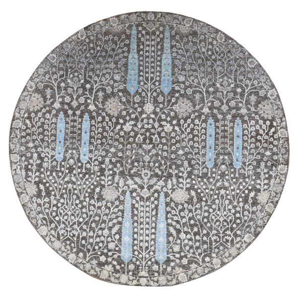 9'1"x9'1" Bistre Brown, Cypress Tree Design, Silk with Textured Wool, Hand Knotted, Round Oriental Rug HR87738