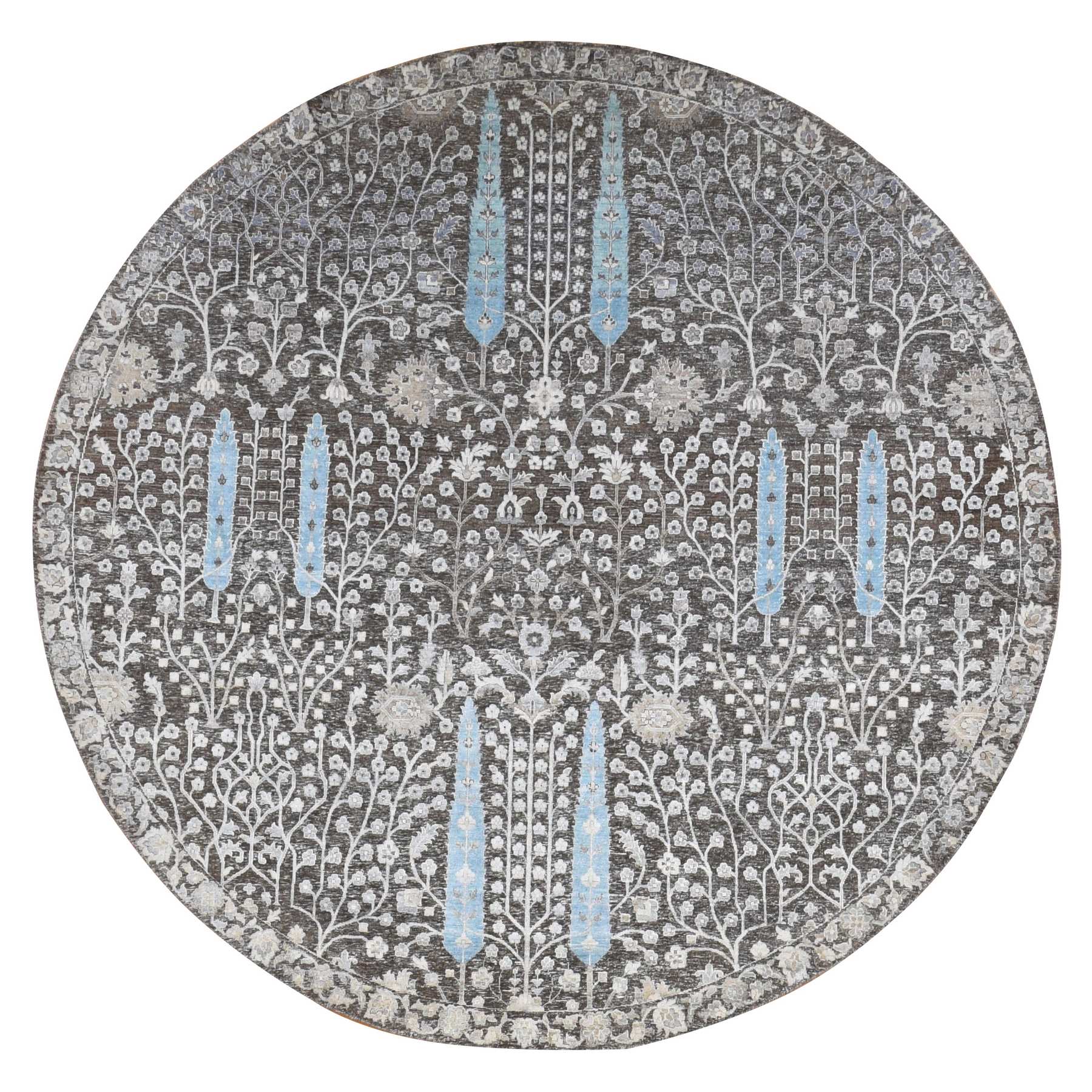 9'1"x9'1" Bistre Brown, Cypress Tree Design, Silk with Textured Wool, Hand Knotted, Round Oriental Rug HR87738