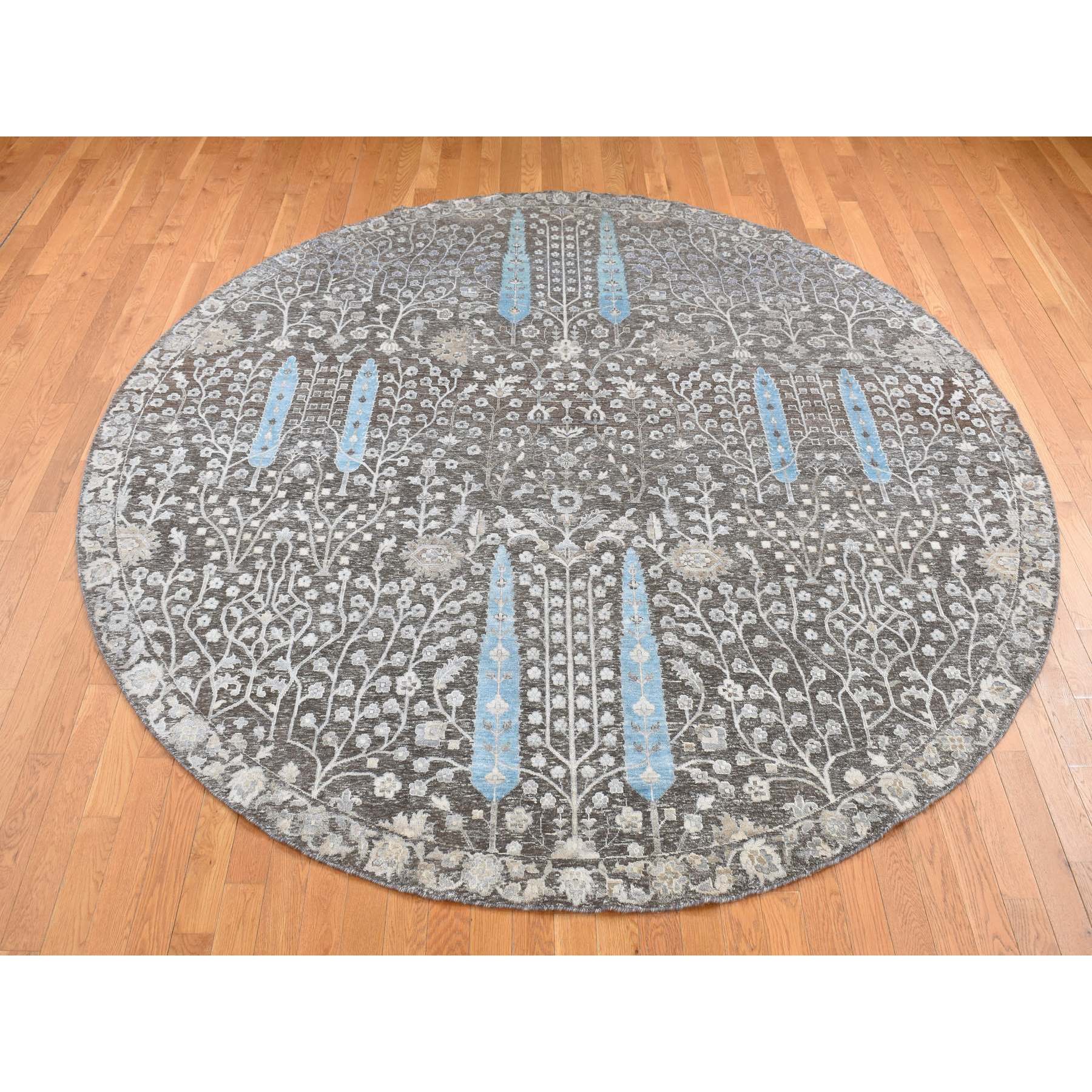 9'1"x9'1" Bistre Brown, Cypress Tree Design, Silk with Textured Wool, Hand Knotted, Round Oriental Rug HR87738 - Image 2