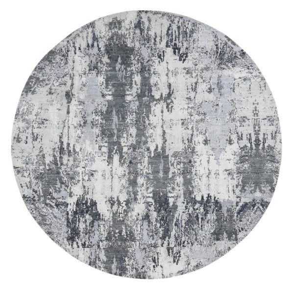 8'1"x8'1" Smokey Gray, Abstract Design, Wool and Pure Silk, Hand Knotted, Round Oriental Rug HR87743
