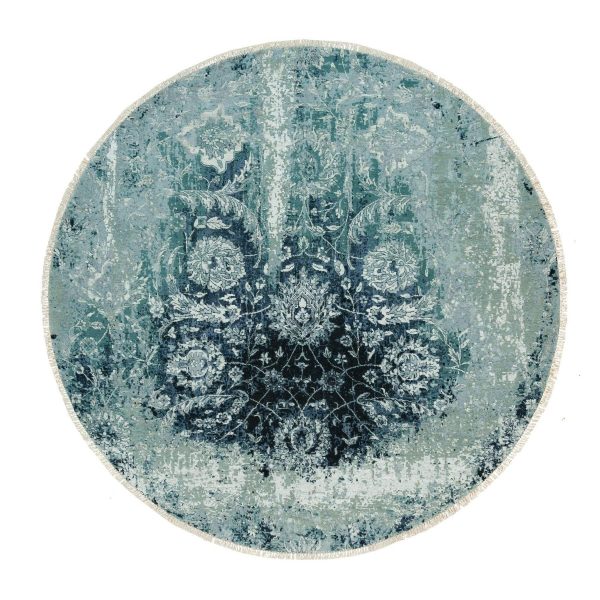 7'x7' Teal Blue, Wool And Silk, Broken Persian Tabriz Erased Design, Hand Knotted Oriental Round Rug HR90131