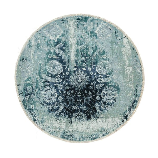 6'x6' Sapphire Blue, Broken Persian Tabriz Erased Design, Round Hand Knotted Wool And Silk, Oriental Rug HR90132