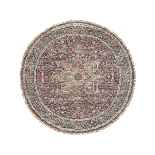 5'x5' Garnet Red with Ice Gray, Heriz Revival Pure Wool Hand Knotted, Round Soft to the Touch Pile Oriental Rug HR90142