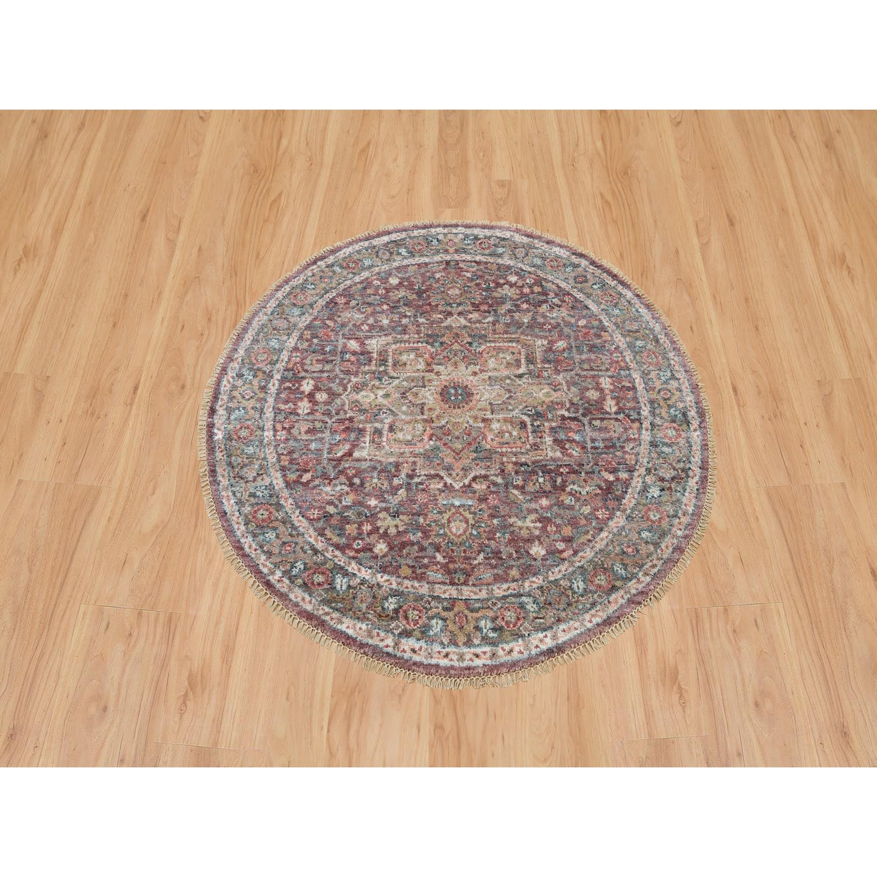 5'x5' Garnet Red with Ice Gray, Heriz Revival Pure Wool Hand Knotted, Round Soft to the Touch Pile Oriental Rug HR90142 - Image 2