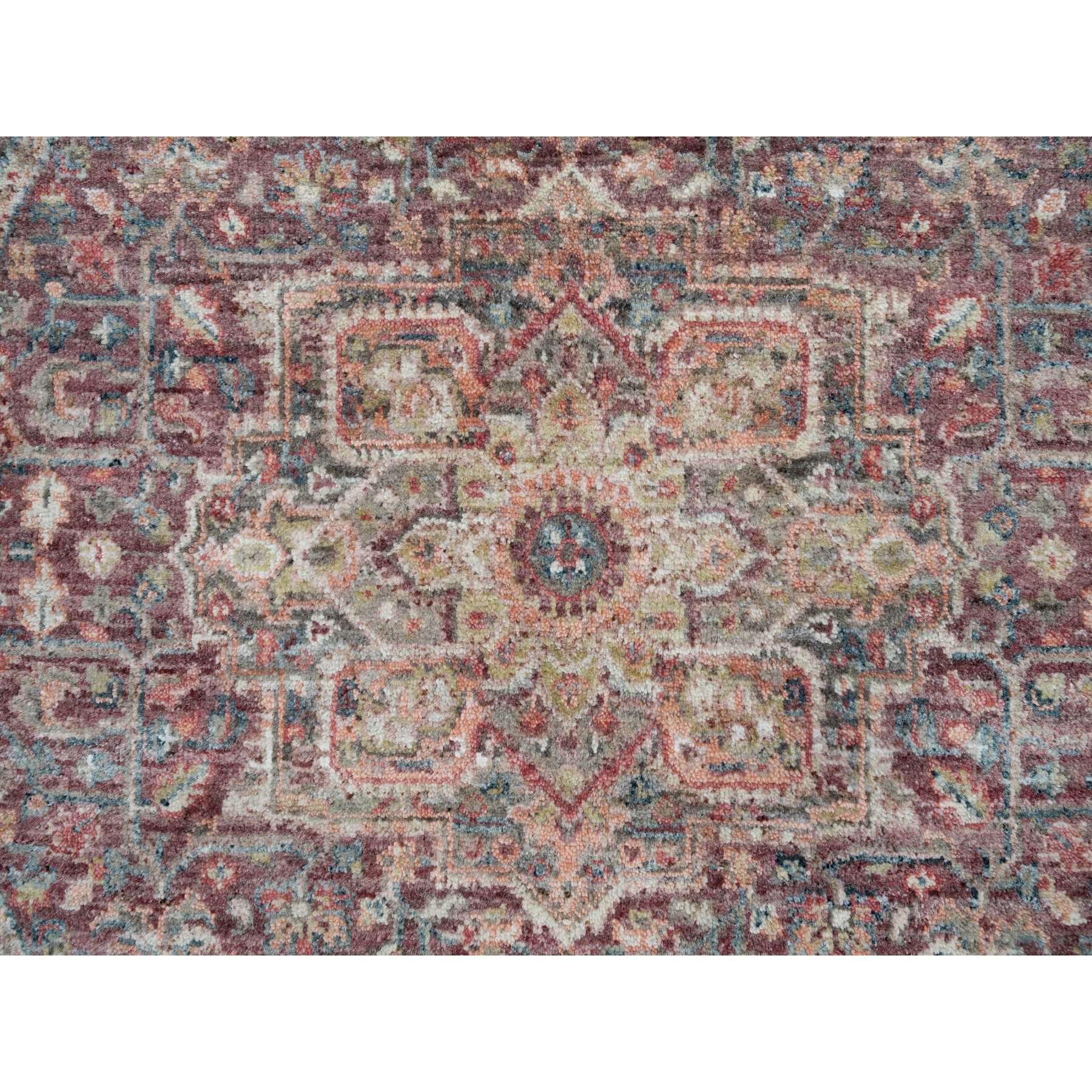5'x5' Garnet Red with Ice Gray, Heriz Revival Pure Wool Hand Knotted, Round Soft to the Touch Pile Oriental Rug HR90142 - Image 5