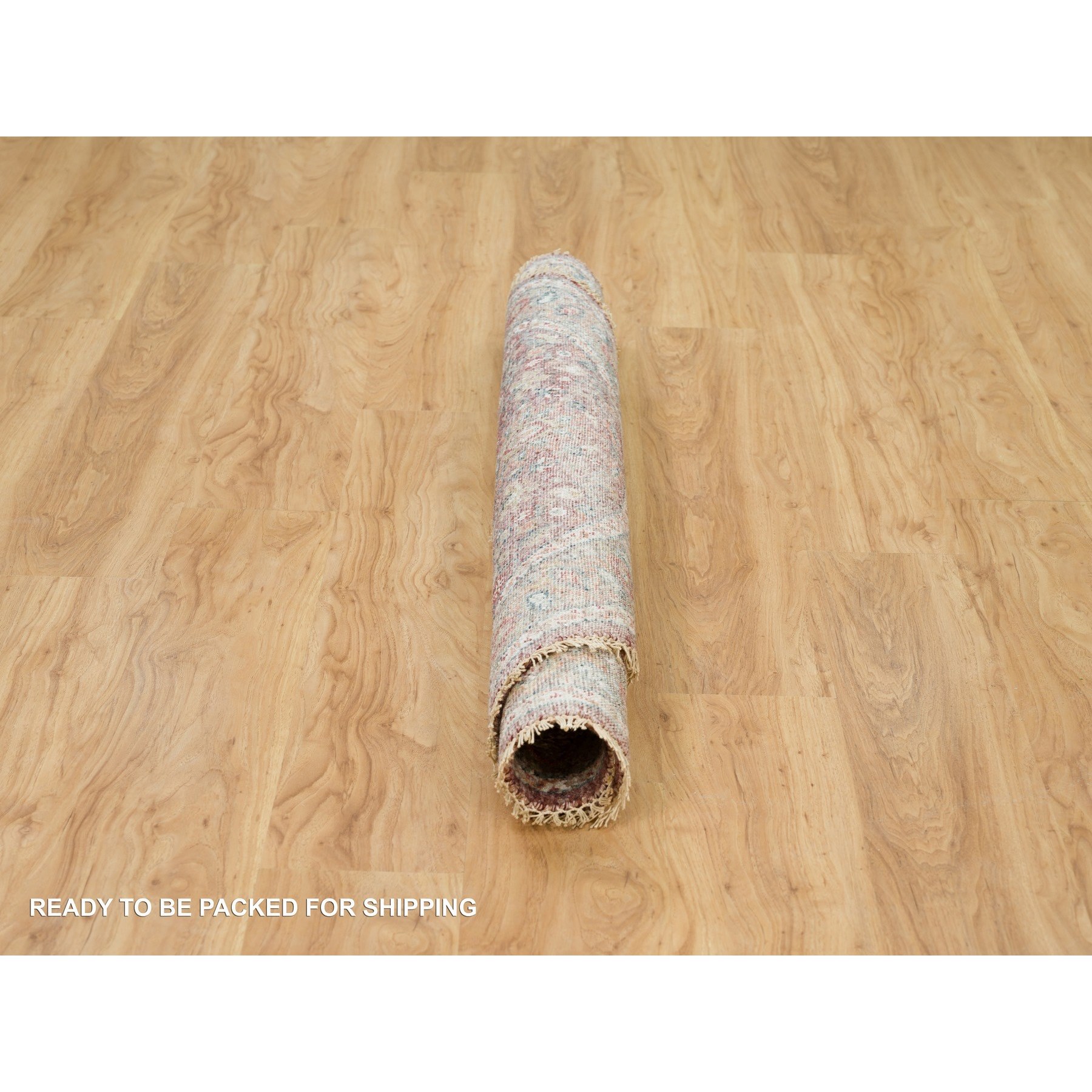 5'x5' Garnet Red with Ice Gray, Heriz Revival Pure Wool Hand Knotted, Round Soft to the Touch Pile Oriental Rug HR90142 - Image 6