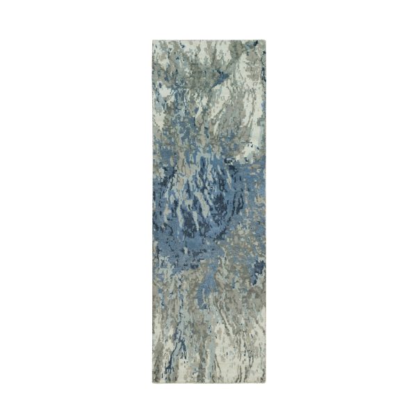 2'6"x8' Yonder Blue, Hi and low Pile, Modern Abstract Galaxy Design, Wool and Silk, Hand Knotted, Runner Oriental Rug HR90199