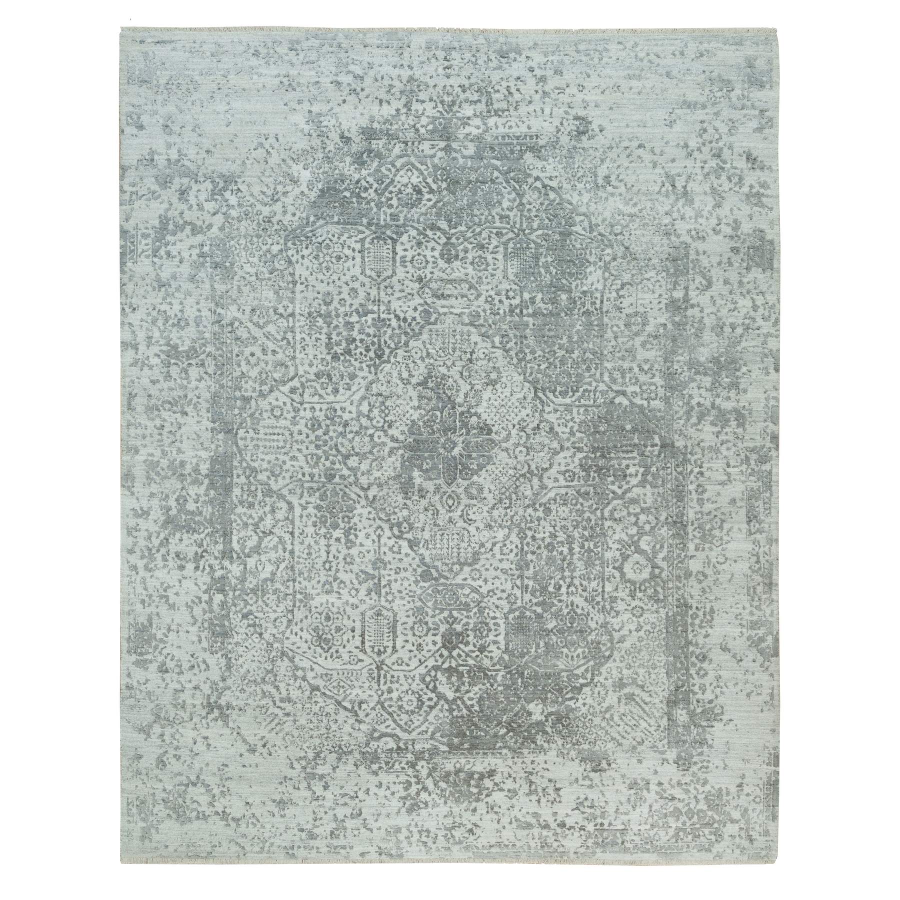 8'x10'1" Pale Smoke and Trout Gray, Hand Knotted, Broken Wool and Silk Persian Design, Oriental Rug HR90200