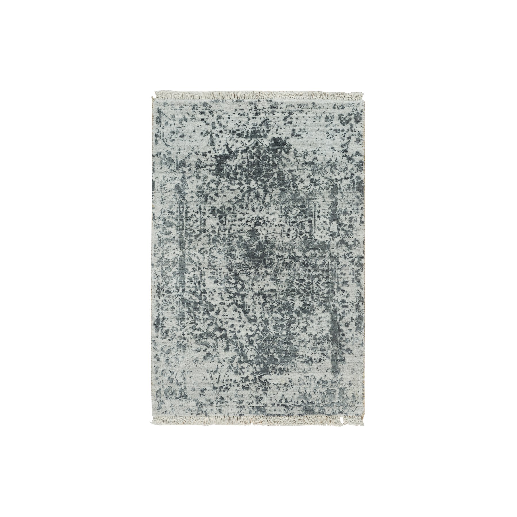 2'x3' Stone Eagle Gray, Wool And Silk, Broken Persian Design, Hand Knotted Mat Oriental Rug HR90207