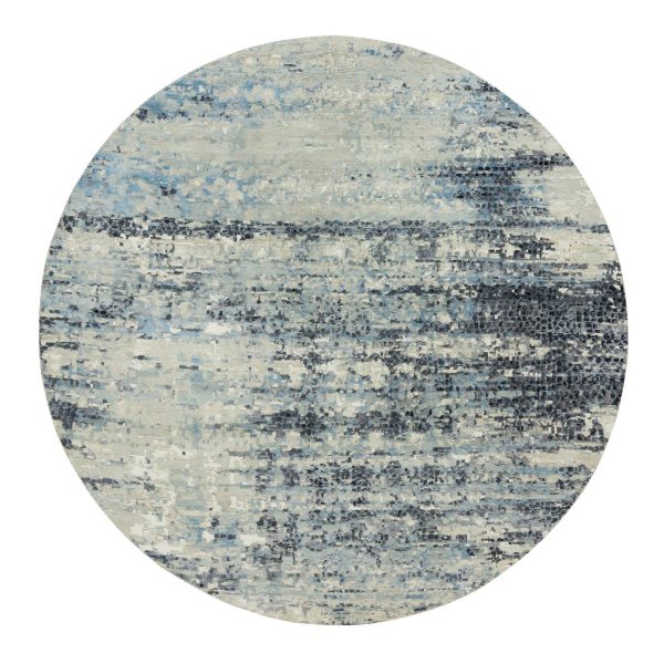 8'x8' Castlerock Gray, Modern Abstract Wool And Silk Hand Knotted Mosaic Design, Vegetable Dyes, Tone on Tone Oriental Dense Weave Round Rug HR90210