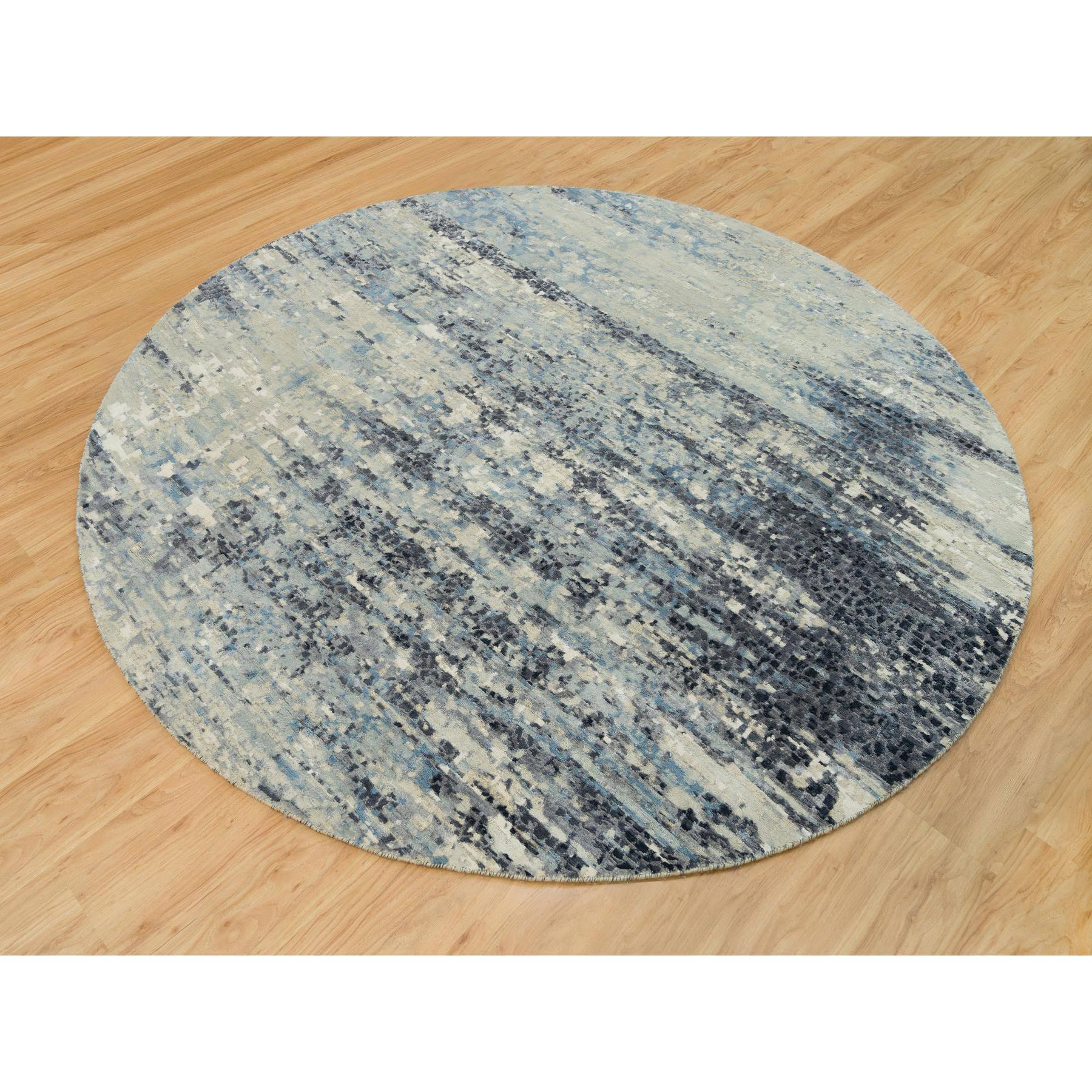 8'x8' Castlerock Gray, Modern Abstract Wool And Silk Hand Knotted Mosaic Design, Vegetable Dyes, Tone on Tone Oriental Dense Weave Round Rug HR90210 - Image 3