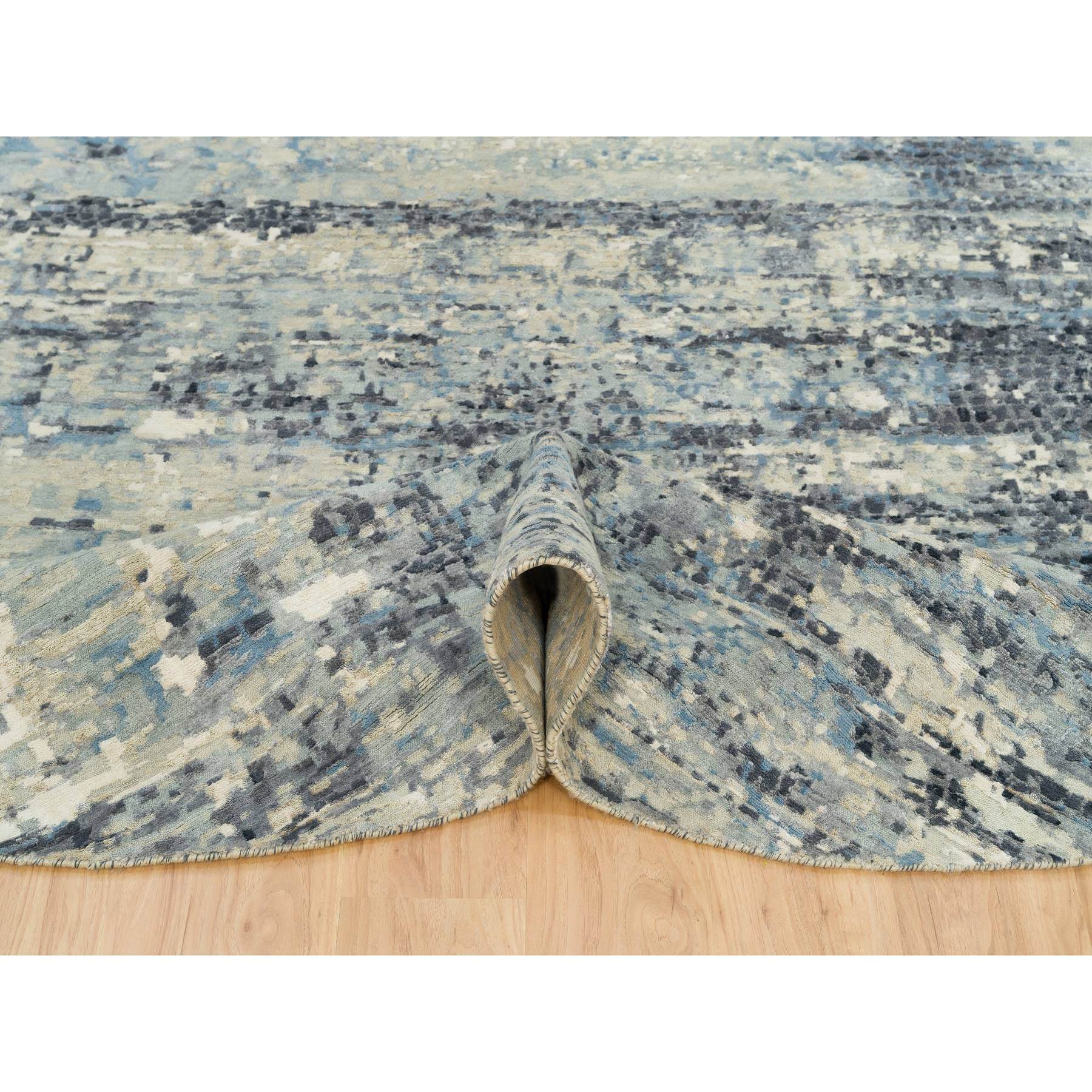 8'x8' Castlerock Gray, Modern Abstract Wool And Silk Hand Knotted Mosaic Design, Vegetable Dyes, Tone on Tone Oriental Dense Weave Round Rug HR90210 - Image 5