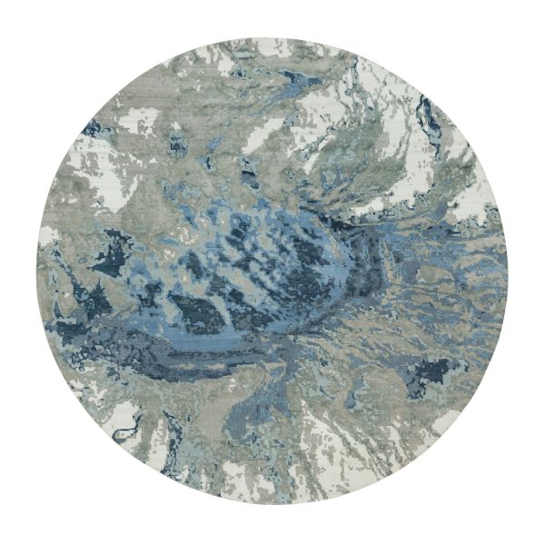 12'x12' Steel Blue, Modern Abstract Galaxy Design, Hi-Low Pile, Wool and Silk, Hand Knotted, Round Oriental Rug HR90214