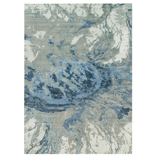 12'x18'1" Lapis Blue, Modern Abstract Hi-Low Pile Galaxy Design, Hand Knotted, Wool and Silk, Oversized Oriental Rug HR90217