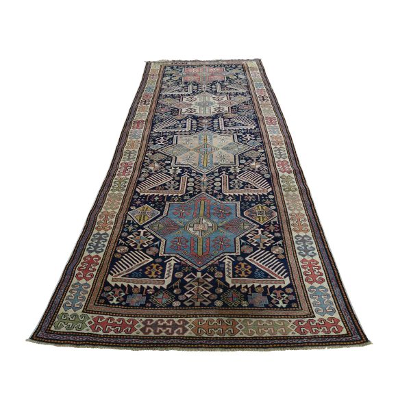 4'x10'4" Blue Akstafa Design Antique Caucasian Wide Runner Hand-Knotted Pure Wool Oriental Rug HR42866