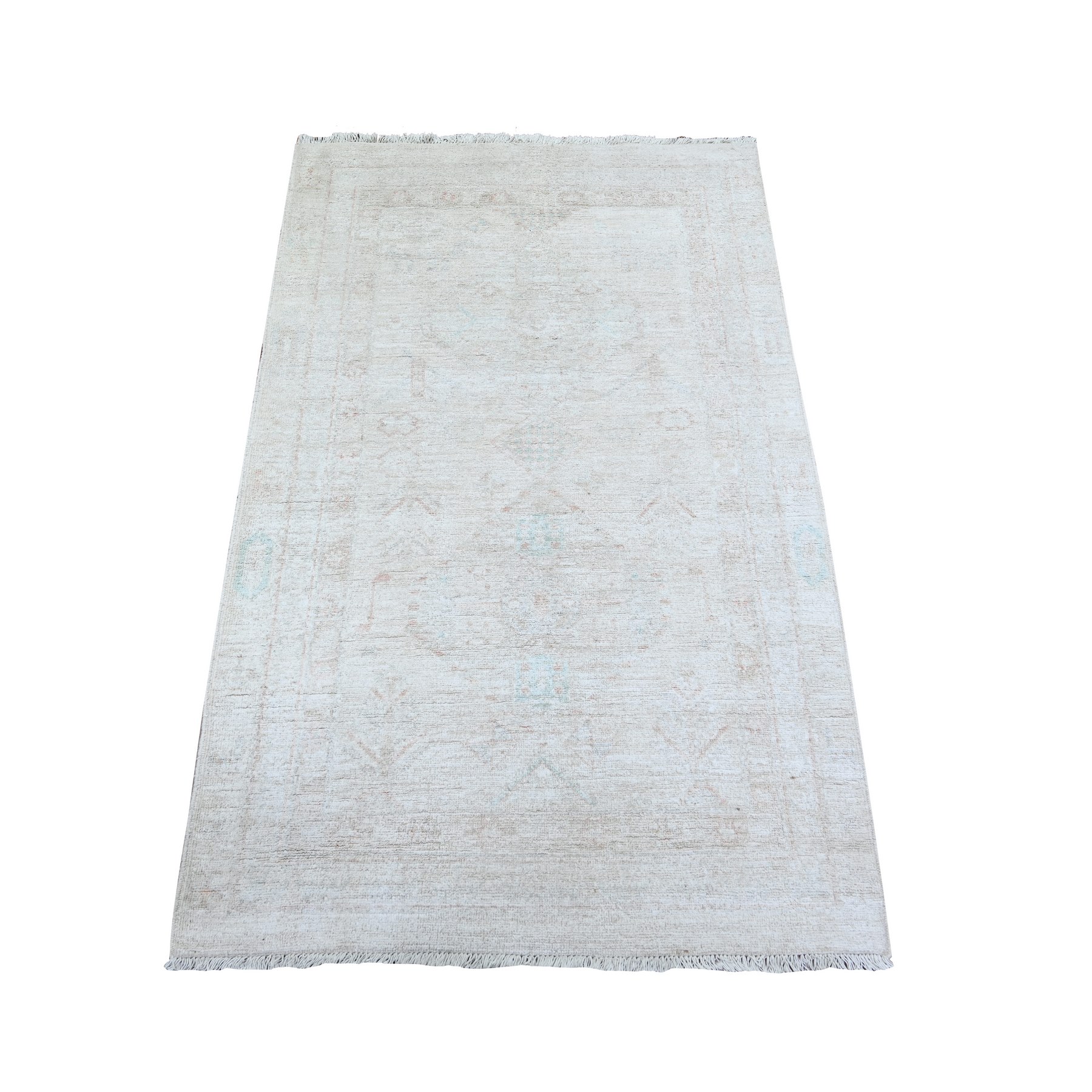 3'1"x5' Pearl White, Hand Knotted, 100% Wool, Vegetable Dyes, White Wash Peshawar with Faded Design, Oriental Rug HR74650