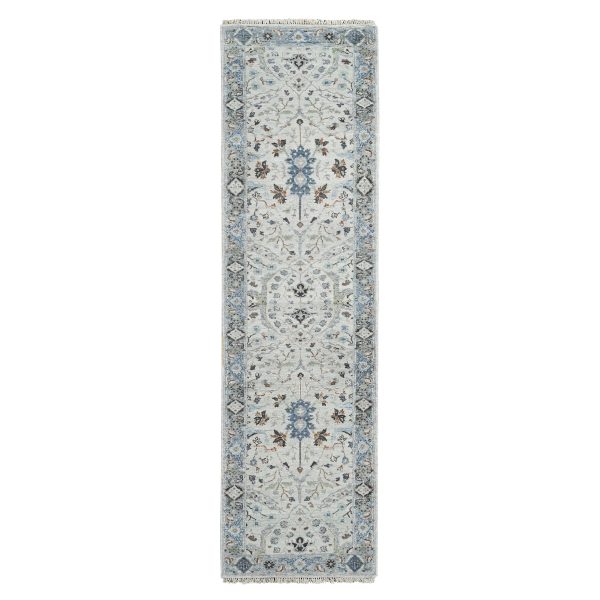 2'6"x9'10" Pastel Gray, Oushak with Floral Motifs, Natural Wool, Denser Weave, Hand Knotted, Runner Oriental Rug HR84771