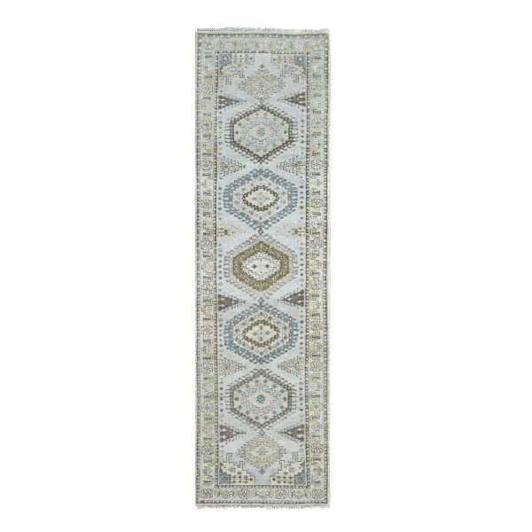 2'8"x10'1" Rhinestone Gray With Sand White, Geometric Motifs Persian Village, Hand Knotted, Densely Woven Organic Wool, Runner Oriental Rug HR84801