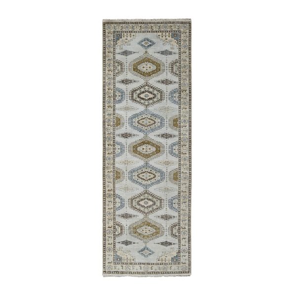 4'3"x12' Intellectual Gray, Geometric Patterns Persian Village Influence Design, Densely Woven, Hand Knotted, Vegetable Dyes Extra Soft Wool, Runner Oriental Rug HR84818