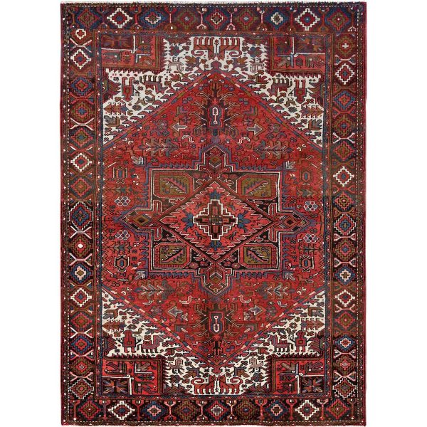 7'6"x10'7" Burnt Peanut Red With Ivory Color Corners, Good Condition, Sides and Ends Professionally Secured, Cleaned, Pure Wool, Semi Antique Vintage Persian Heriz, Geometric Center Medallion, Hand Knotted, Oriental Rug HR85888