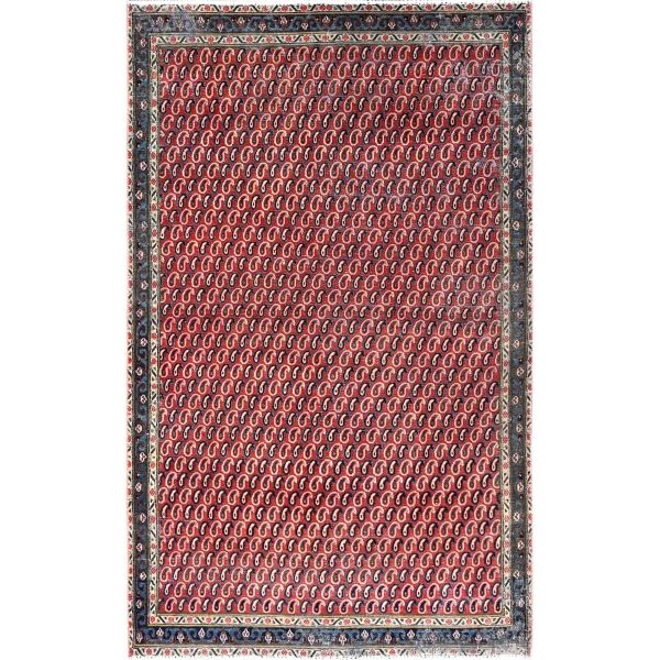 4'1"x6'7" Crimson Red, Vintage Persian Senneh Soft Wool Distressed Look Full Pile With All Over Botteh Paisely Designed and Good Condition Hand Knotted Evenly Worn, Sheared Low Wide Runner Oriental Rug HR85976