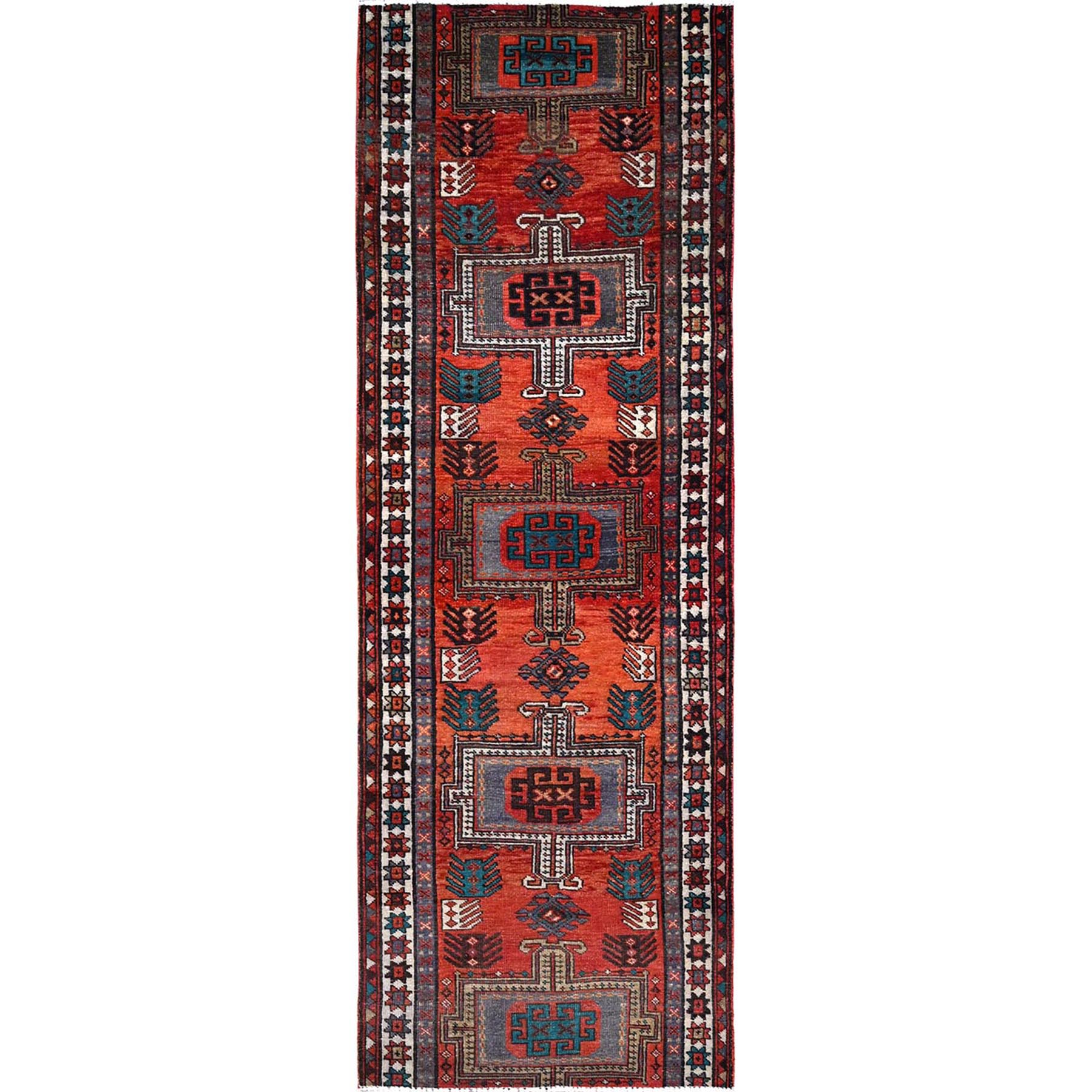3'5"x9'8" Sunset Dragon Fire Orange, Semi Antique Persian Heriz, Cleaned, Sides and Ends Professionally Secured, Good Condition, Hand Knotted Distressed Natural Wool Wide and Long Runner Oriental Rug HR85989