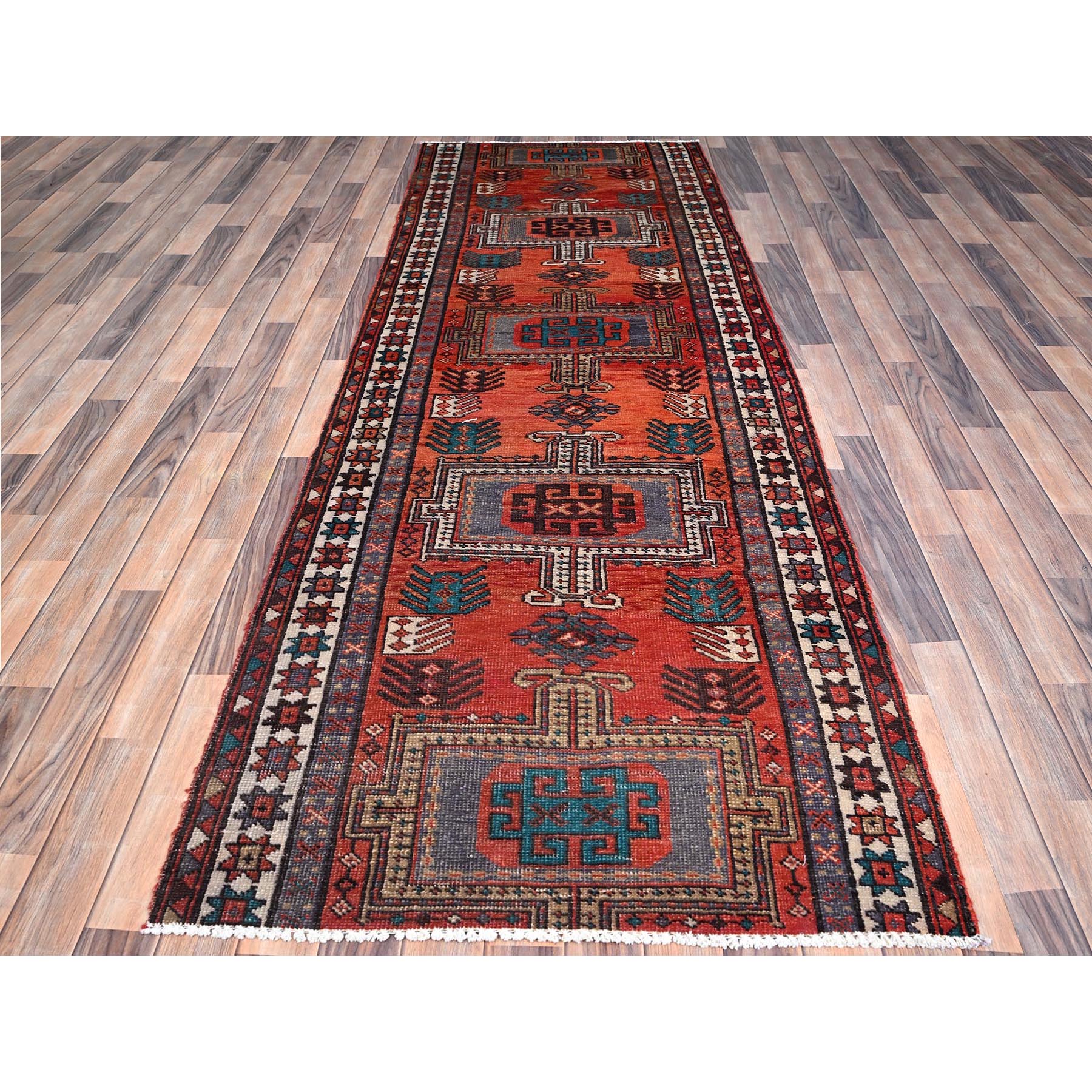 3'5"x9'8" Sunset Dragon Fire Orange, Semi Antique Persian Heriz, Cleaned, Sides and Ends Professionally Secured, Good Condition, Hand Knotted Distressed Natural Wool Wide and Long Runner Oriental Rug HR85989 - Image 2