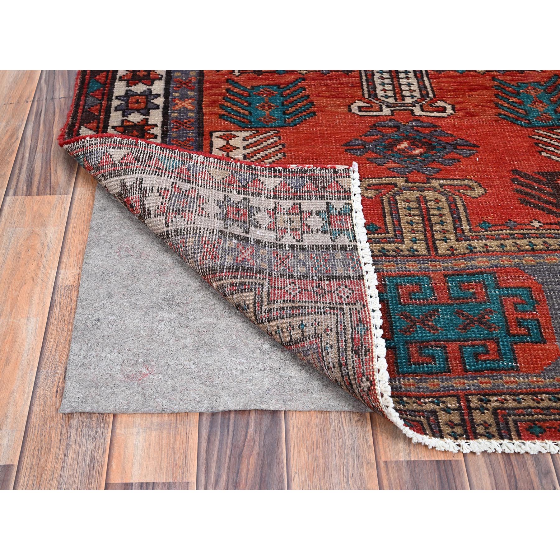 3'5"x9'8" Sunset Dragon Fire Orange, Semi Antique Persian Heriz, Cleaned, Sides and Ends Professionally Secured, Good Condition, Hand Knotted Distressed Natural Wool Wide and Long Runner Oriental Rug HR85989 - Image 3